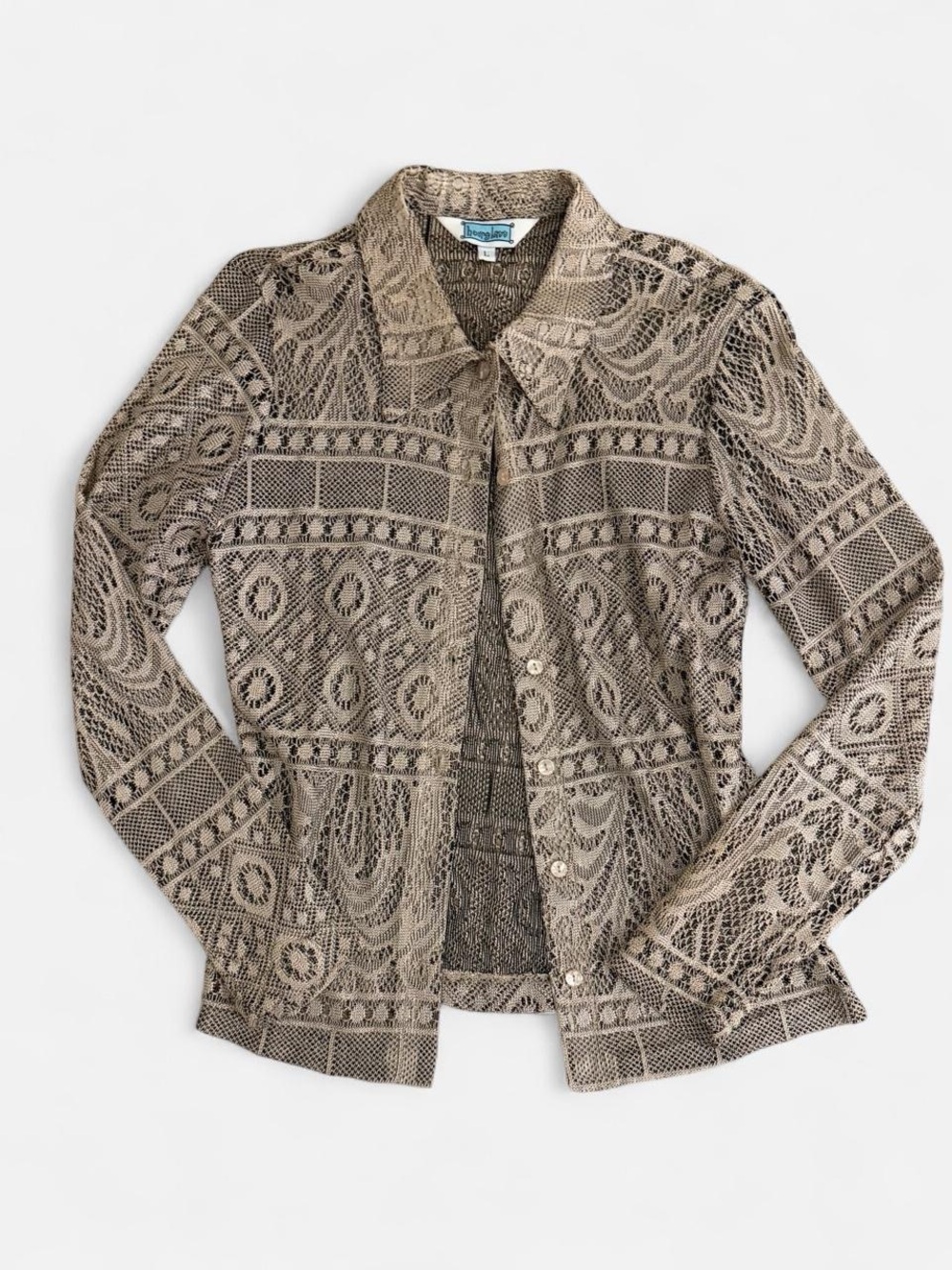 Vintage 90s Hourglass Beige Lace-Pattern Knit Button-Front Blouse